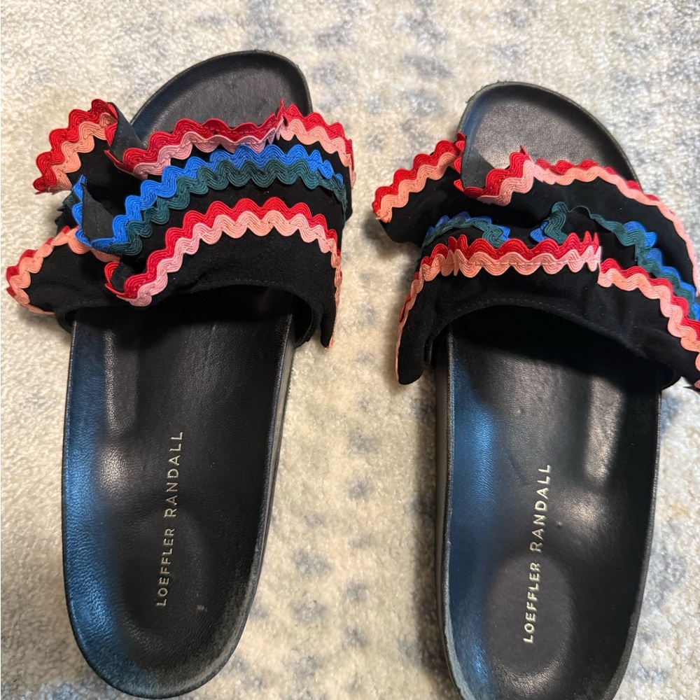 Loeffler Randall Olive Ruffle Poolside Slides with Colorful Trim